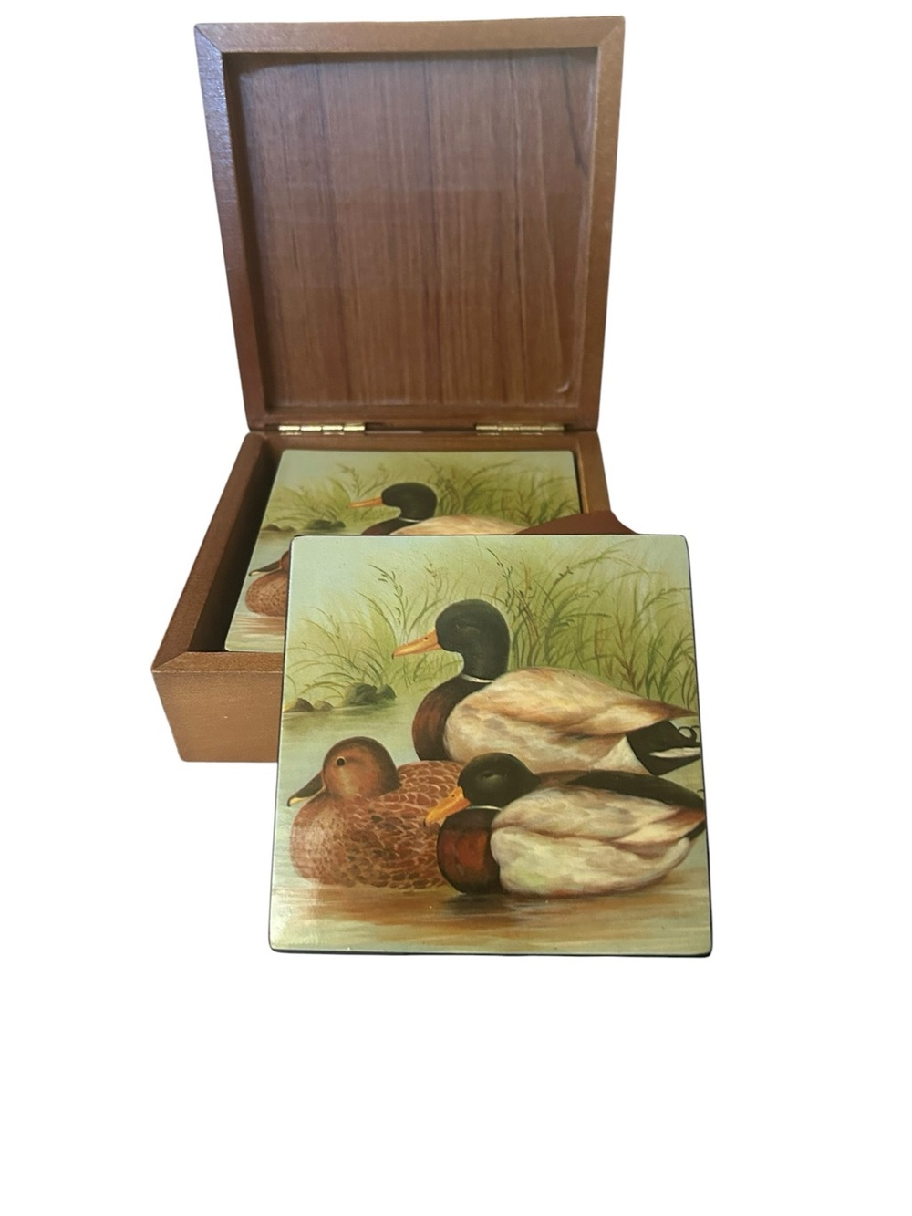 vintage rustic cabincore set of cork-backed mallard duck drink coasters and box